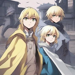 A light brown-skinned manga girl with yellow eyes and a long yellow raincoat is holding her white-haired and blue-eyed brother