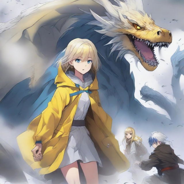 A light brown skinned manga girl with yellow eyes wearing a long yellow raincoat is holding her white-haired, blue-eyed brother