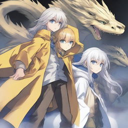 A light brown skinned manga girl with yellow eyes wearing a long yellow raincoat is holding her white-haired, blue-eyed brother