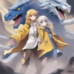 A light brown skinned manga girl with yellow eyes wearing a long yellow raincoat is holding her white-haired, blue-eyed brother