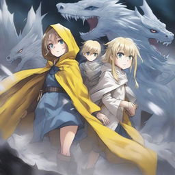 A light brown skinned manga girl with yellow eyes wearing a long yellow raincoat is holding her white-haired, blue-eyed brother