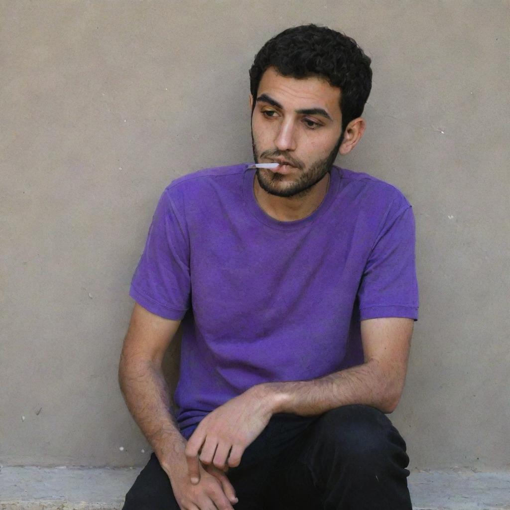 A 25-year-old Iranian Muslim man, wearing a purple t-shirt and black pants, quietly sitting behind a wall, deep in thought as he smokes.