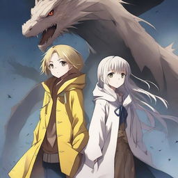 A light brown-skinned manga girl with yellow eyes and a long yellow raincoat holding her white-haired and blue-eyed brother