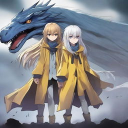 A light brown-skinned manga girl with yellow eyes and a long yellow raincoat holding her white-haired and blue-eyed brother