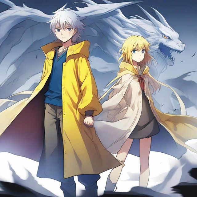 A light brown-skinned manga girl with yellow eyes and a long yellow raincoat holding her white-haired and blue-eyed brother