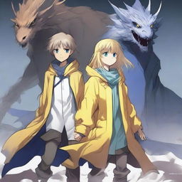 A light brown-skinned manga girl with yellow eyes and a long yellow raincoat holding her white-haired and blue-eyed brother