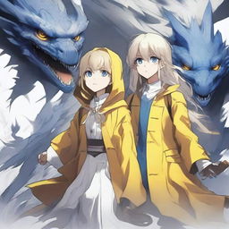 A light brown-skinned manga girl with yellow eyes and a long yellow raincoat is holding her white-haired and blue-eyed brother