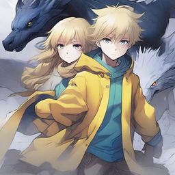 A light brown-skinned manga girl with yellow eyes and a long yellow raincoat is holding her white-haired and blue-eyed brother