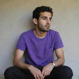 A 25-year-old Iranian Muslim man, wearing a purple t-shirt and black pants, quietly sitting behind a wall, deep in thought as he smokes.