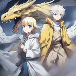 A light brown-skinned manga girl with yellow eyes and a long yellow raincoat is holding her white-haired and blue-eyed brother