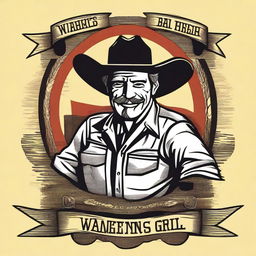 A t-shirt design in a Texas western style featuring the words 'Wankers Bar and Grill' with the strapline 'Helping ugly people have sex since 1956' in English