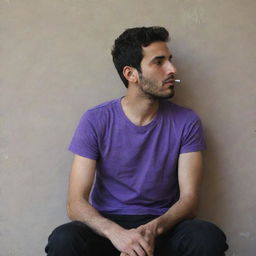 A 25-year-old Iranian Muslim man, wearing a purple t-shirt and black pants, quietly sitting behind a wall, deep in thought as he smokes.