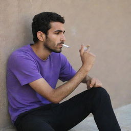 A 25-year-old Iranian Muslim man, wearing a purple t-shirt and black pants, quietly sitting behind a wall, deep in thought as he smokes.