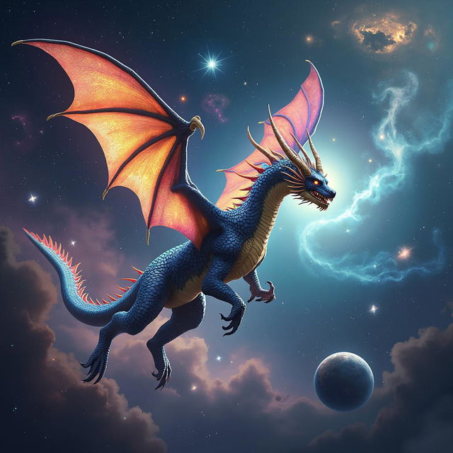 A majestic dragon with iridescent scales flies through space, surrounded by stars, galaxies, nebulae, and planets, creating a blend of fantasy and science fiction