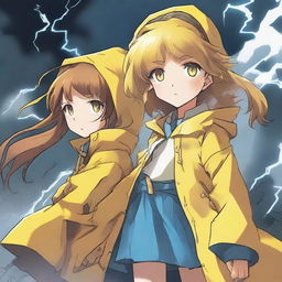 A light brown-skinned manga girl with brown hair and yellow eyes is wearing a long yellow raincoat and legendary golden lightning boots