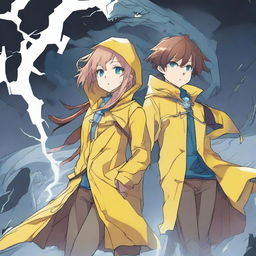 A light brown-skinned manga girl with brown hair and yellow eyes is wearing a long yellow raincoat and legendary golden lightning boots