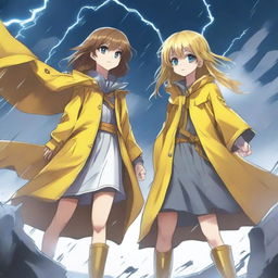 A light brown-skinned manga girl with brown hair and yellow eyes is wearing a long yellow raincoat and legendary golden lightning boots