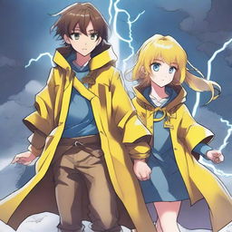 A light brown-skinned manga girl with brown hair and yellow eyes is wearing a long yellow raincoat and legendary golden lightning boots