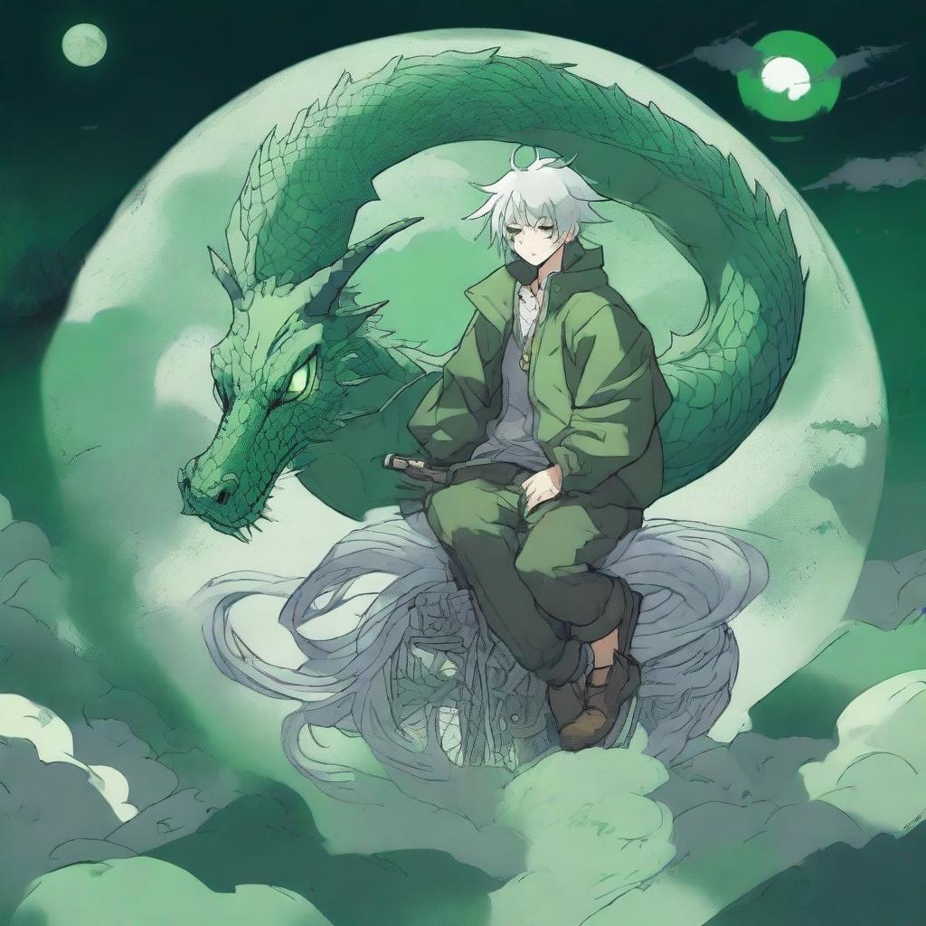 A white-skinned manga guy with green hair is wearing a green jacket