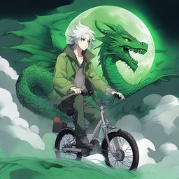 A white-skinned manga guy with green hair is wearing a green jacket