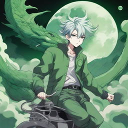 A white-skinned manga guy with green hair is wearing a green jacket