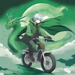 A white-skinned manga guy with green hair is wearing a green jacket