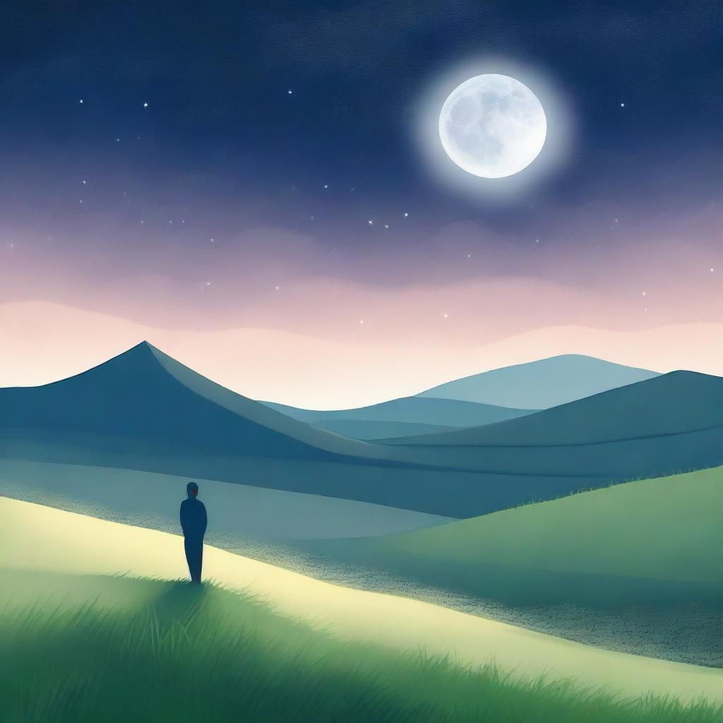 A serene scene of a person standing on a hill, gazing towards the night sky filled with twinkling stars and a glowing full moon