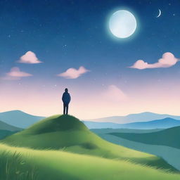 A serene scene of a person standing on a hill, gazing towards the night sky filled with twinkling stars and a glowing full moon