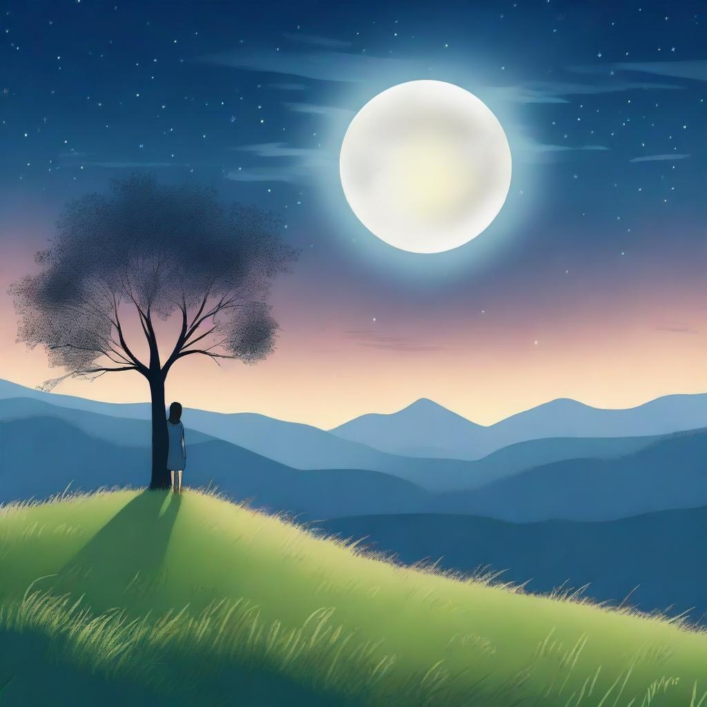 A serene scene of a person standing on a hill, gazing towards the night sky filled with twinkling stars and a glowing full moon