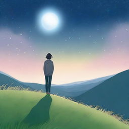 A serene scene of a person standing on a hill, gazing towards the night sky filled with twinkling stars and a glowing full moon