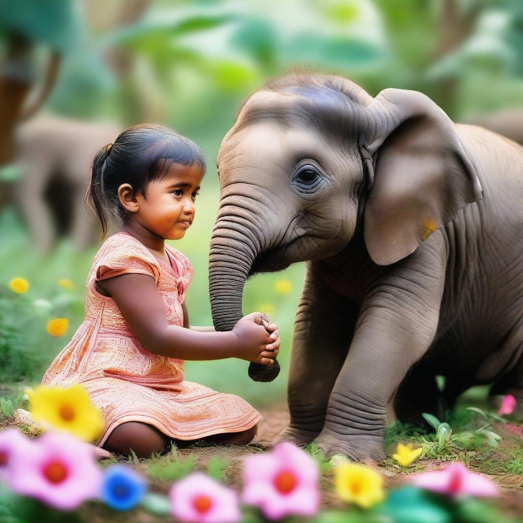 A small girl sitting next to a baby elephant in a serene and peaceful setting