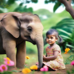 A small girl sitting next to a baby elephant in a serene and peaceful setting