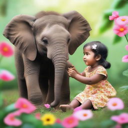 A small girl sitting next to a baby elephant in a serene and peaceful setting