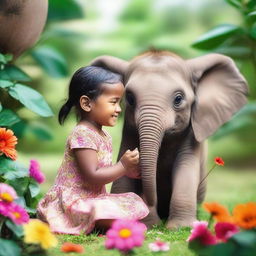 A small girl sitting next to a baby elephant in a serene and peaceful setting