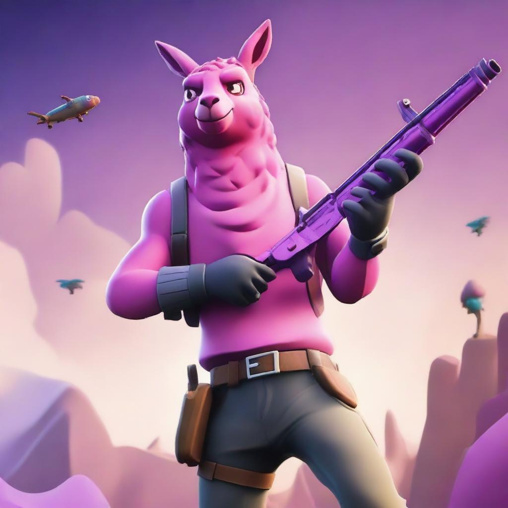 A Fortnite scene featuring a player using only shotguns, with the character wearing the pink llama skin