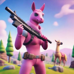 A Fortnite scene featuring a player using only shotguns, with the character wearing the pink llama skin