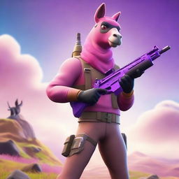 A Fortnite scene featuring a player using only shotguns, with the character wearing the pink llama skin