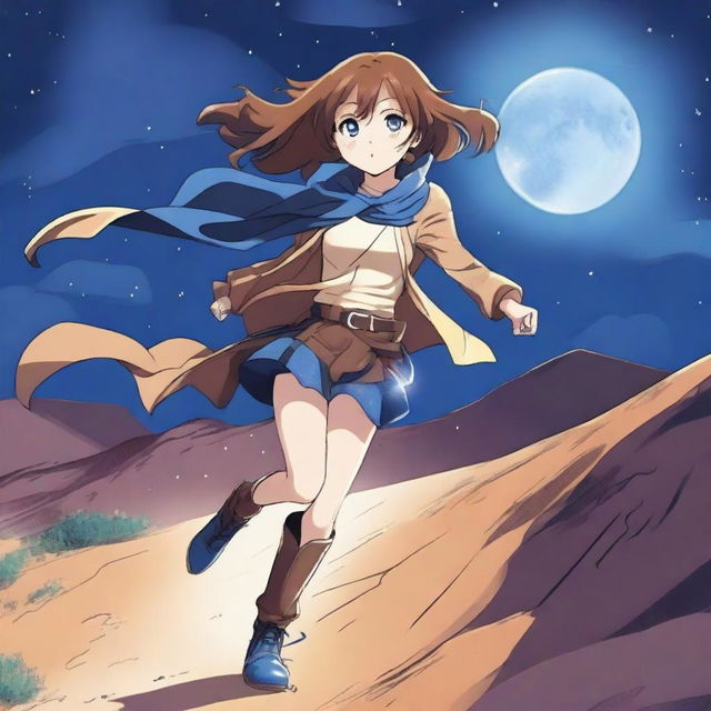 A light brown manga girl with blue lightning boots and brown hair speeds off a large hill in the desert