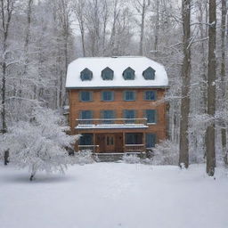 A large house nestled in a winter forest, snow blanketed trees surrounding and blue birds frolicking around