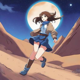 A light brown manga girl with blue lightning boots and brown hair speeds off a large hill in the desert