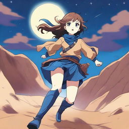 A light brown manga girl with blue lightning boots and brown hair speeds off a large hill in the desert