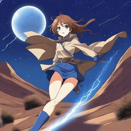 A light brown manga girl with blue lightning boots and brown hair speeds off a large hill in the desert