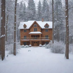 A large house nestled in a winter forest, snow blanketed trees surrounding and blue birds frolicking around