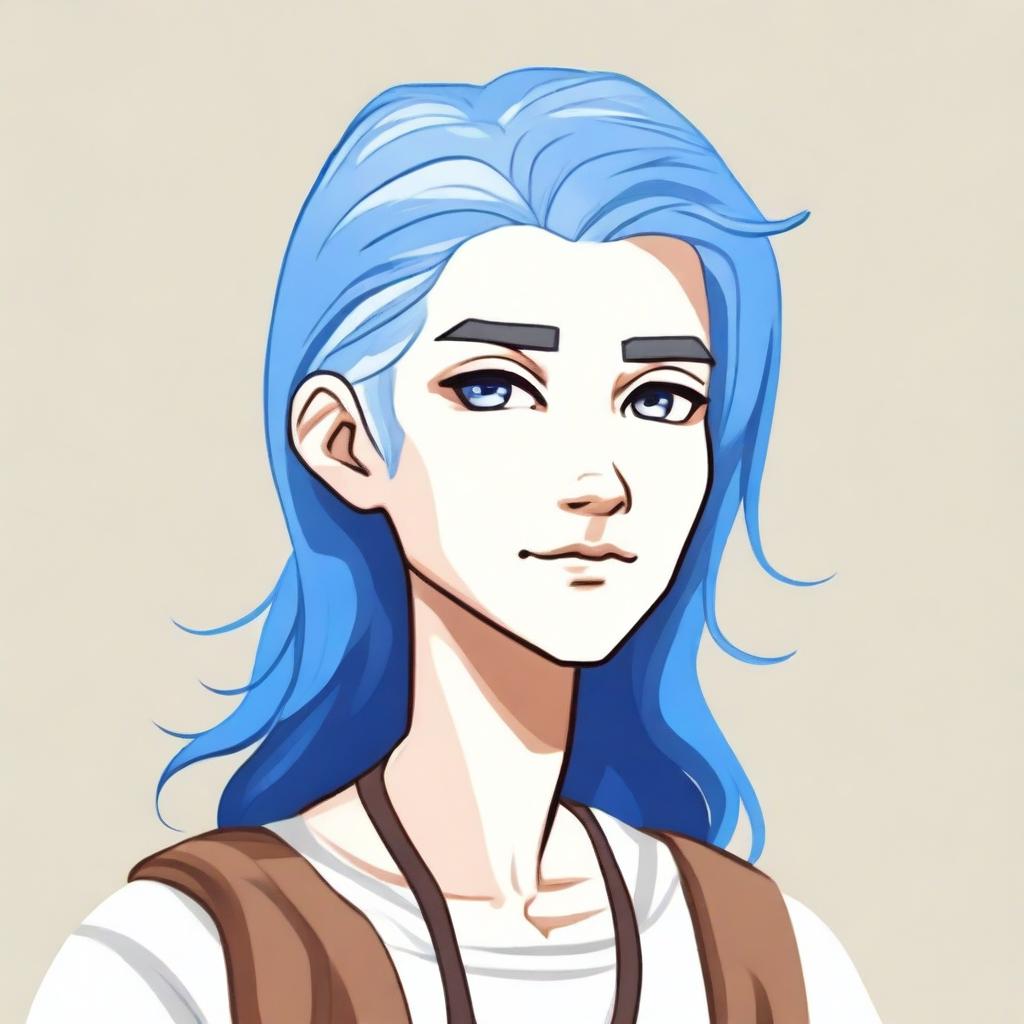 A portrait of a character with blue, brown, and white hair