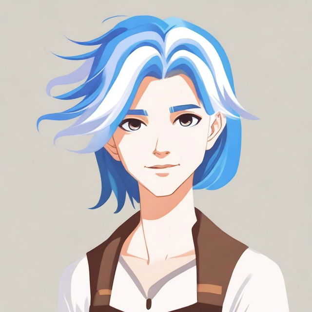 A portrait of a character with blue, brown, and white hair