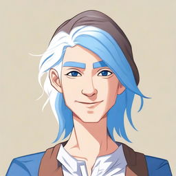 A portrait of a character with blue, brown, and white hair