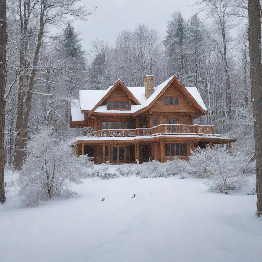 A large house nestled in a winter forest, snow blanketed trees surrounding and blue birds frolicking around