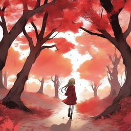 A world filled with trees that have red, shiny, fiery leaves resembling flames, creating a cool atmosphere