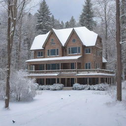 A large house nestled in a winter forest, snow blanketed trees surrounding and blue birds frolicking around