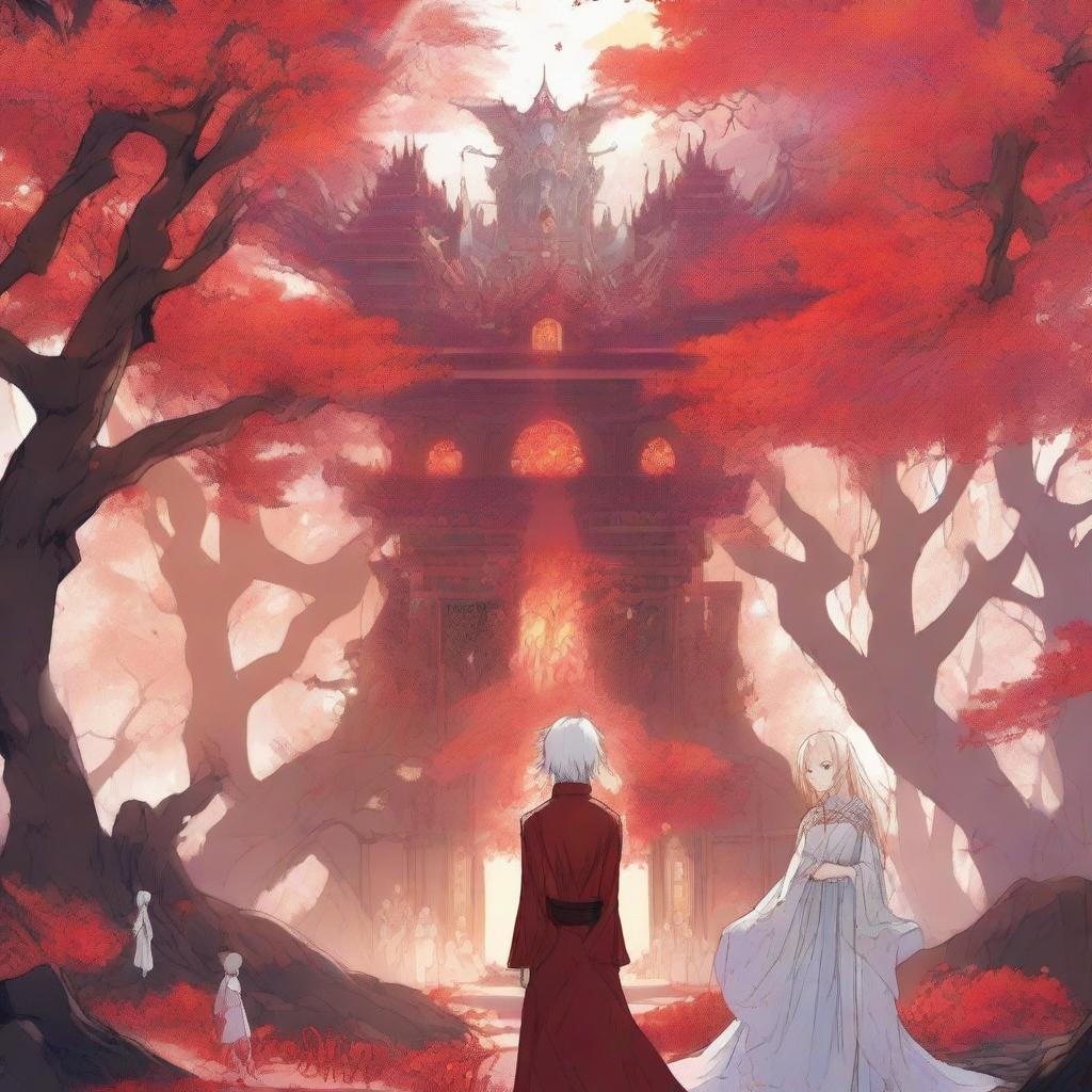 A world filled with trees that have red, shiny, fiery leaves resembling flames, creating a cool atmosphere